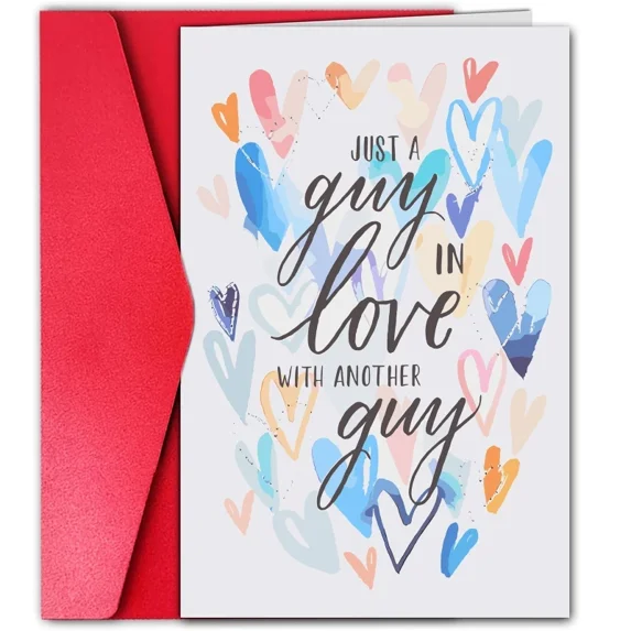Just a Guy in Love Greeting Card – Colorful Heart Design for LGBTQ+ Relationships – Blank Inside with Red Envelope Included – Ideal for Anniversaries or Just Because