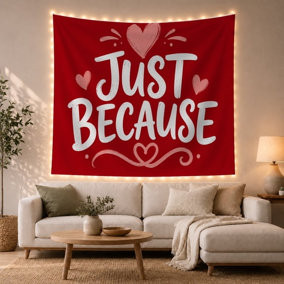 Just Because Hand-Lettered Typography on Vibrant Red Background, Whimsical Folk Art for Couples, Statement Wall Decor, Anniversary Gift, Tapestry Wall Hanging for Bedroom and Living Room