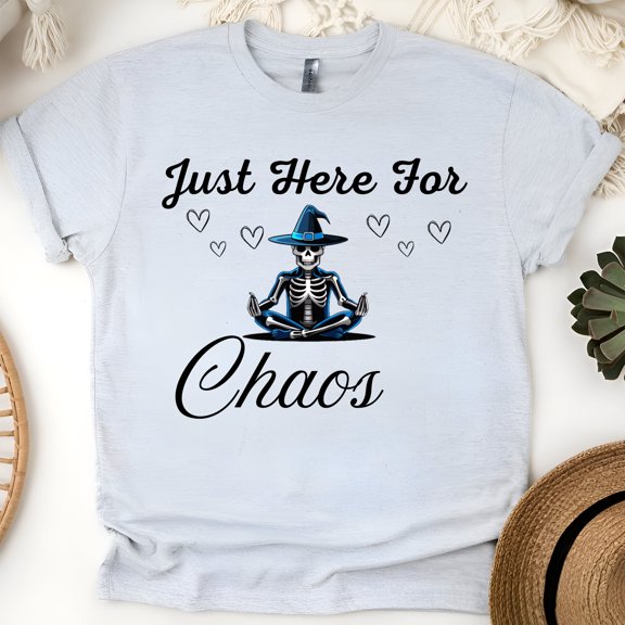 Just Here For Chaos Skeleton Witch Graphic T-Shirt for Adults, Ash, Size 3XL