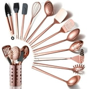 Just Houseware Copper Kitchen Utensils Set, 13 Pieces Stainless Steel Cooking Utensils Set With Titanium Rose Gold Plating, Non-Stick Kitchen Tools Set With Holder