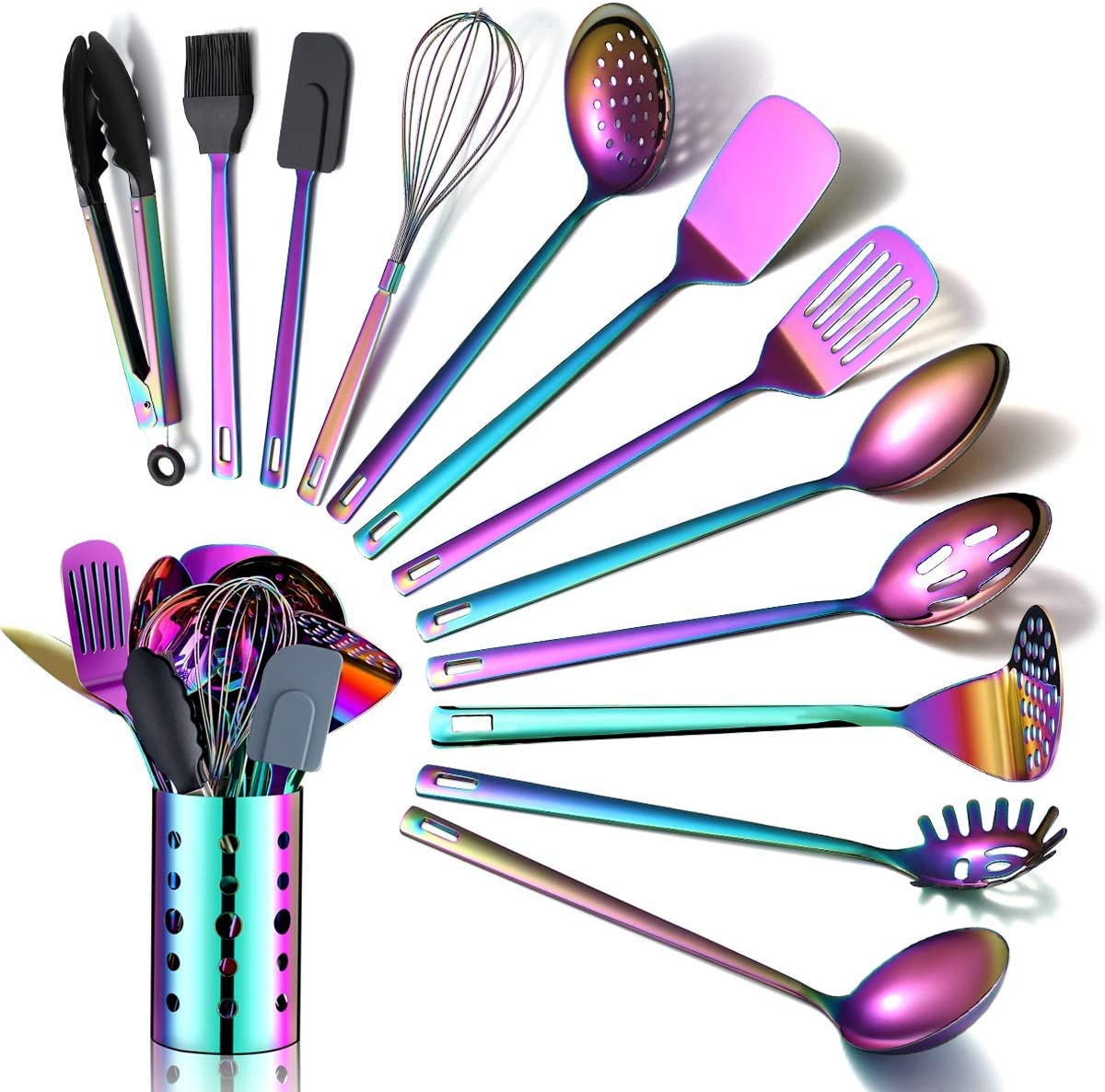 Mainstays Nylon Rainbow Iridescent 10 Piece Kitchen Utensil Set with Holder