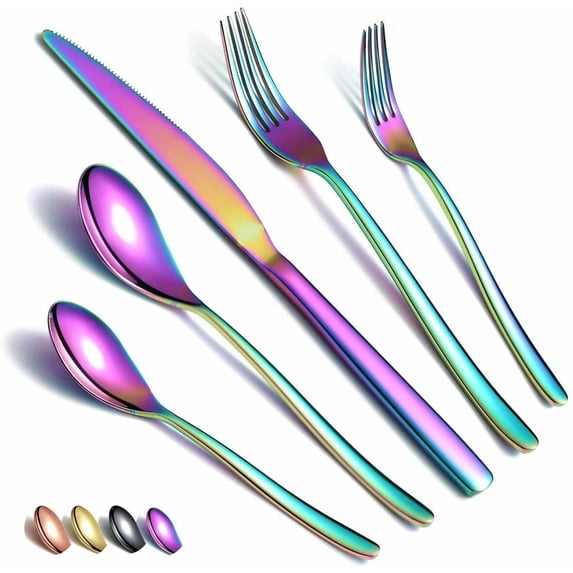 Just Houseware Rainbow Silverware Set 20 Pieces, Stainless Steel Flatware Set, Titanium Plating Cutlery Set, Knives Forks Spoons Service for 4
