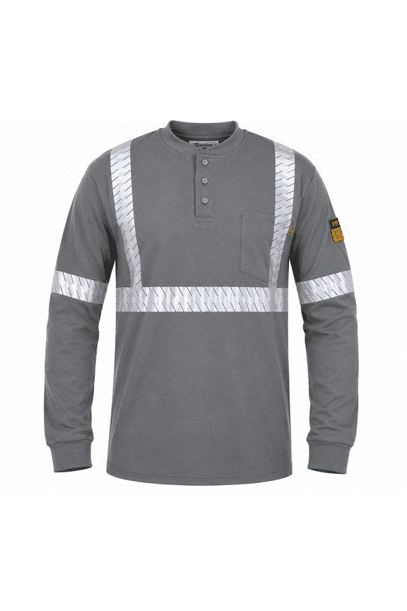 Flame Resistant High Visibility FR Hi Vis Reflective Henley Style T-Shirt – 100% Cotton – 7 oz( Dark Grey, Large)