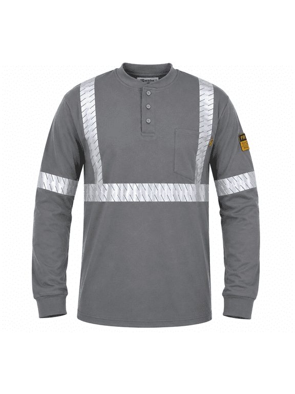 Flame Resistant High Visibility FR Hi Vis Reflective Henley Style T-Shirt – 100% Cotton – 7 oz( Dark Grey, Small)