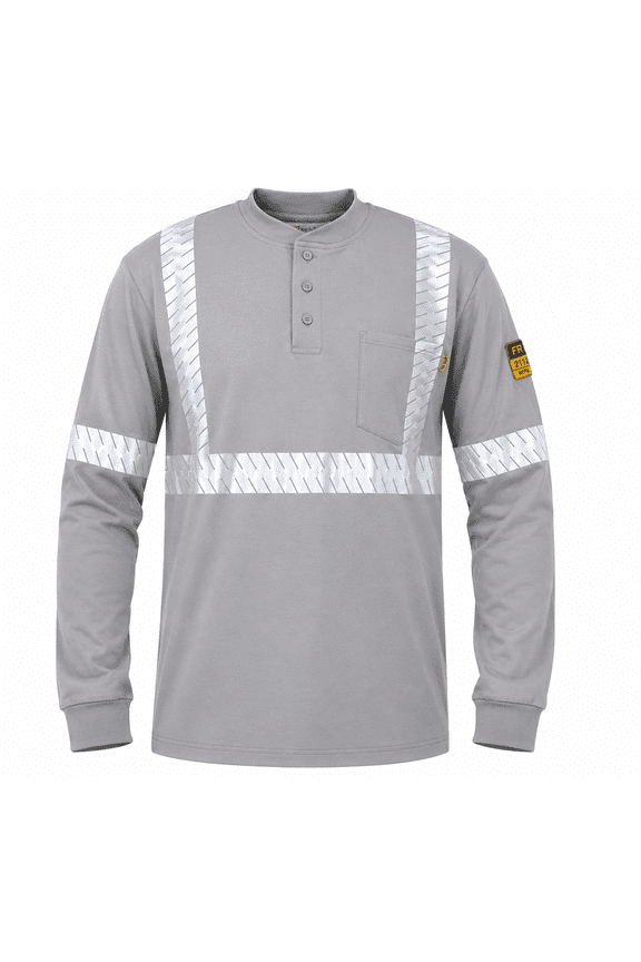 Flame Resistant High Visibility FR Hi Vis Reflective Henley Style T-Shirt – 100% Cotton – 7 oz( Light Grey, Small)