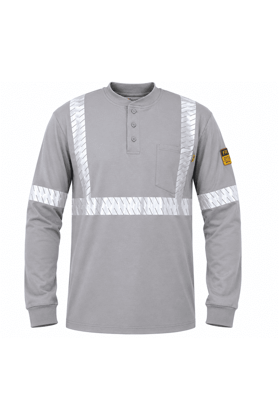 Flame Resistant High Visibility FR Hi Vis Reflective Henley Style T-Shirt – 100% Cotton – 7 oz( Light Grey, Small)