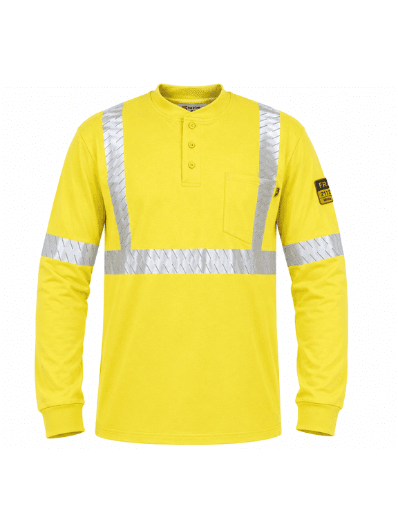 Flame Resistant High Visibility FR Hi Vis Reflective Henley Style T-Shirt – 100% Cotton – 7 oz( Yellow, Medium)