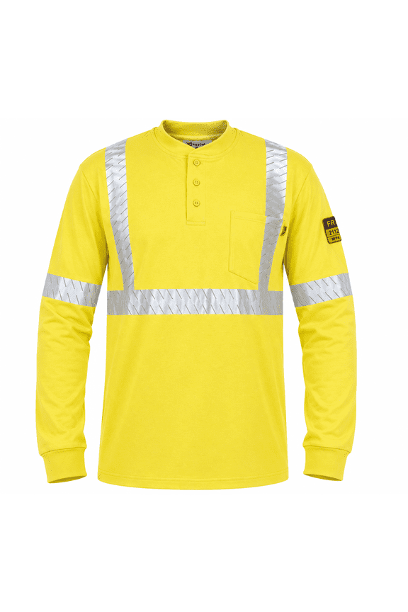 Flame Resistant High Visibility FR Hi Vis Reflective Henley Style T-Shirt – 100% Cotton – 7 oz( Yellow, Medium)