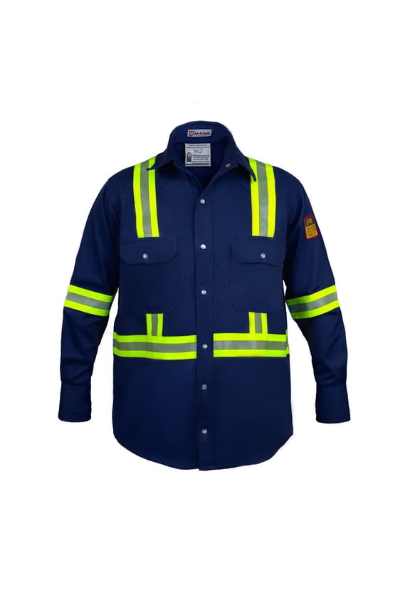 Flame Resistant High Visibility Hi Vis Shirt - 100% C - 7 oz (Medium, Navy Blue)