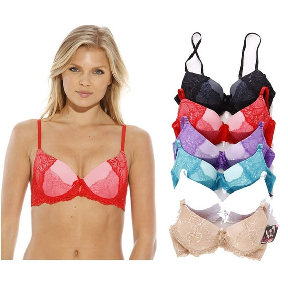 Just Intimates Dotted Mesh Lace Bras for Women (Pack of 6) (Deep Plunge Bra with Lace, 34C)