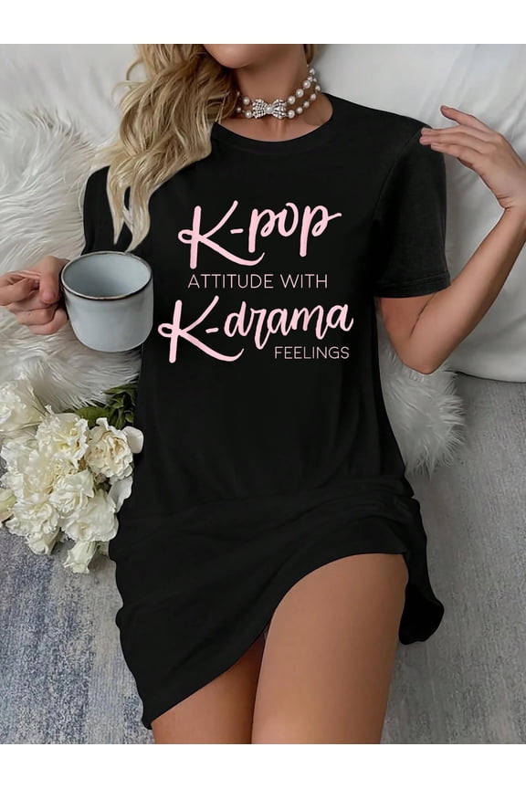 Just K-Pop Apparel K-Pop Attitude Shirt, Korean Kpop K-Drama Music Lover T-Shirt Dress, Black,, Unisex-Adults, Short Sleeve, V-Neck, Classic Casual Summer Dress Everyday Outfit