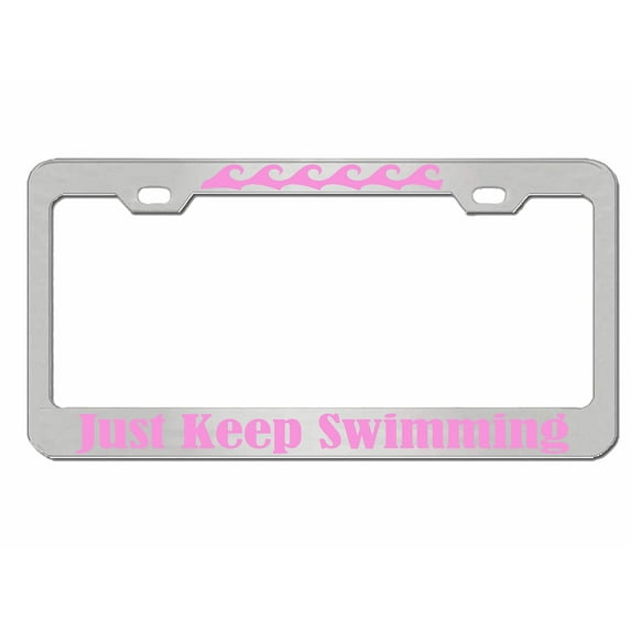 Just Keep Swimming Design License Plate Frame Personalized/Car Accessories Car Tag Holder Cover (Chrome/Light Pink)