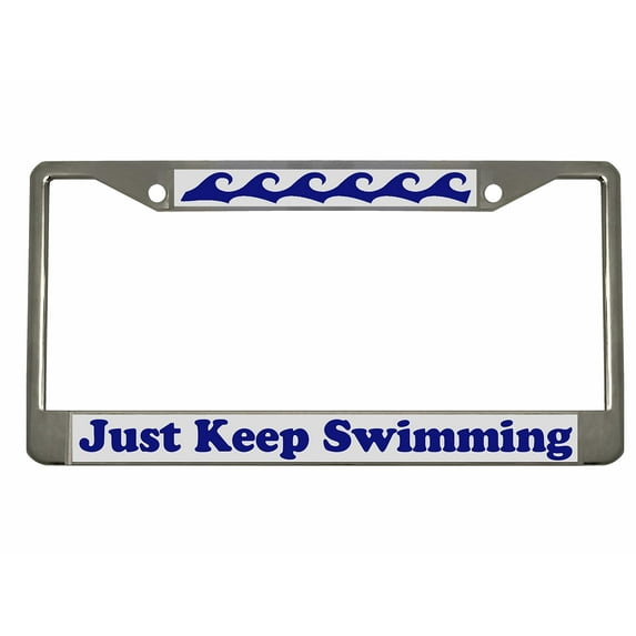 Just Keep Swimming Design License Plate Frame Personalized/Car Accessories Car Tag Holder Cover (Chrome/Silver/Blue)