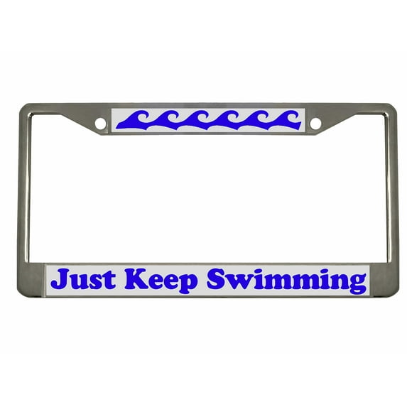 Just Keep Swimming Design License Plate Frame Personalized/Car Accessories Car Tag Holder Cover (Chrome/Silver/Lime Blue)