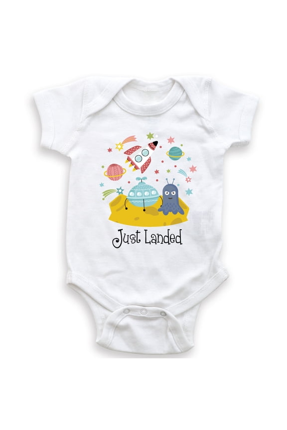 Just Landed - Baby Bodysuit - Unisex Clothing - Baby Boy - Baby Girl - Newborn Baby - Cute Alien Spaceship