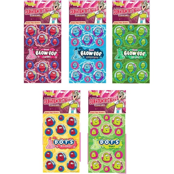 Just For Laughs Dr. Stinky's Scratch N Sniff Stickers 5-Pack- Blow Pop Cherry, Blow Pop Blue Razz Berry, Blow Pop Sour Apple, Dots Strawberry, Dots Lime