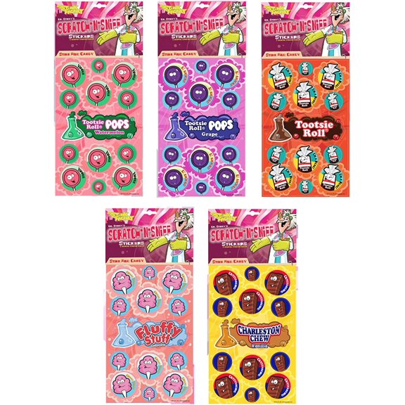 Just For Laughs Dr. Stinky's Scratch N Sniff Stickers 5-Pack- Tootsie Roll Pops Watermelon, Tootsie Roll Pops Grape, Tootsie Roll, Fluffy Stuff Cotton Candy, Charleston Chew
