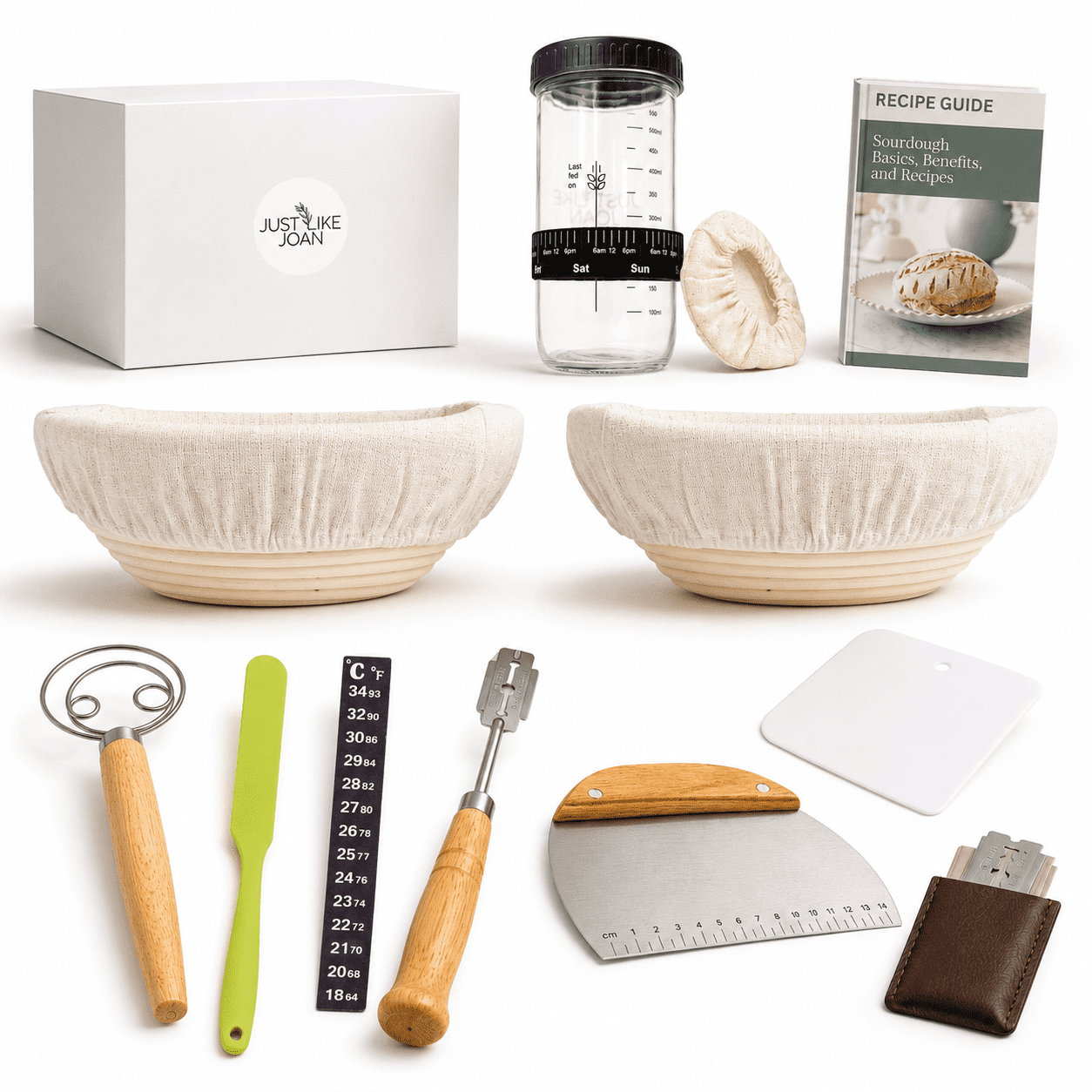 Sourdough Starter Kit  Bread Making Supplies with Two 9" Round Banneton Proofing Baskets Set with Linen Liners for Easy Cleaning  Baking Tools, Dough Whisk, Bre