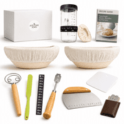 Sourdough Starter Kit   Bread Making Supplies with Two 9" Round Banneton Proofing Baskets Set with Linen Liners for Easy Cleaning   Baking Tools, Dough Whisk, Bread Lame & Recipe Guide