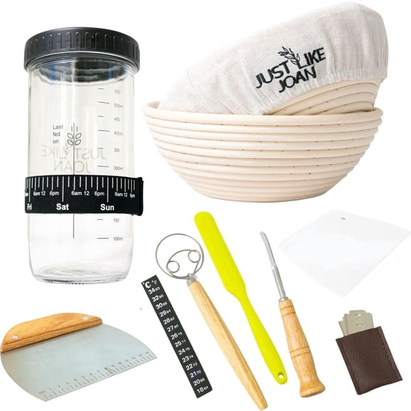 Just Like Joan All-in-One Sourdough Bread Baking Kit | Ultimate Bread Baking Supplies Kit With Starter Jar, Banneton Bowl Baskets & More | Ideal Sourdough Bread Accessories and Tools