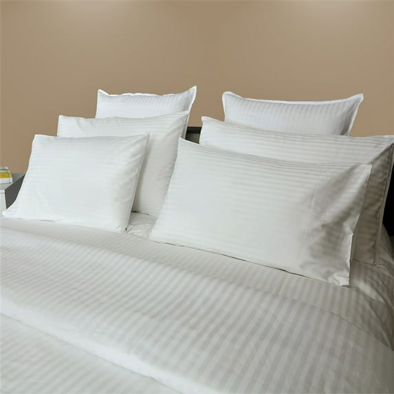 Just Linen Hotel Linen Collection, 210 TC 100% Cotton Sateen Striped White, Pair of King Flat Sheets