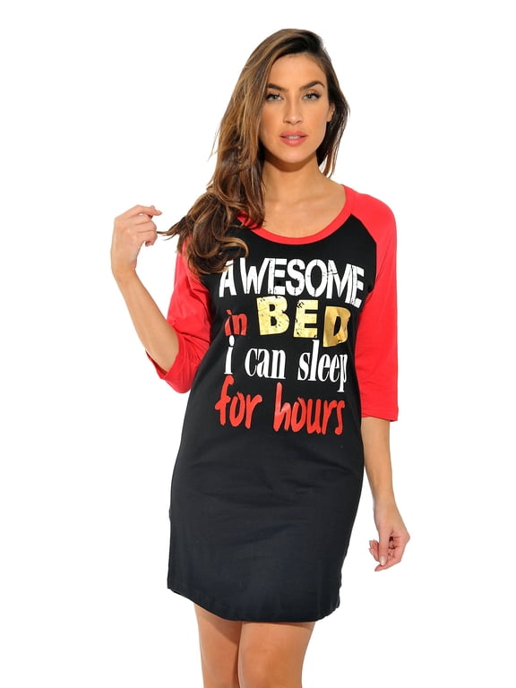 100% Cotton Sleep Dress for Women Baseball Sleeve Nightshirt (Black - Awesome in Bed, 1X Plus)