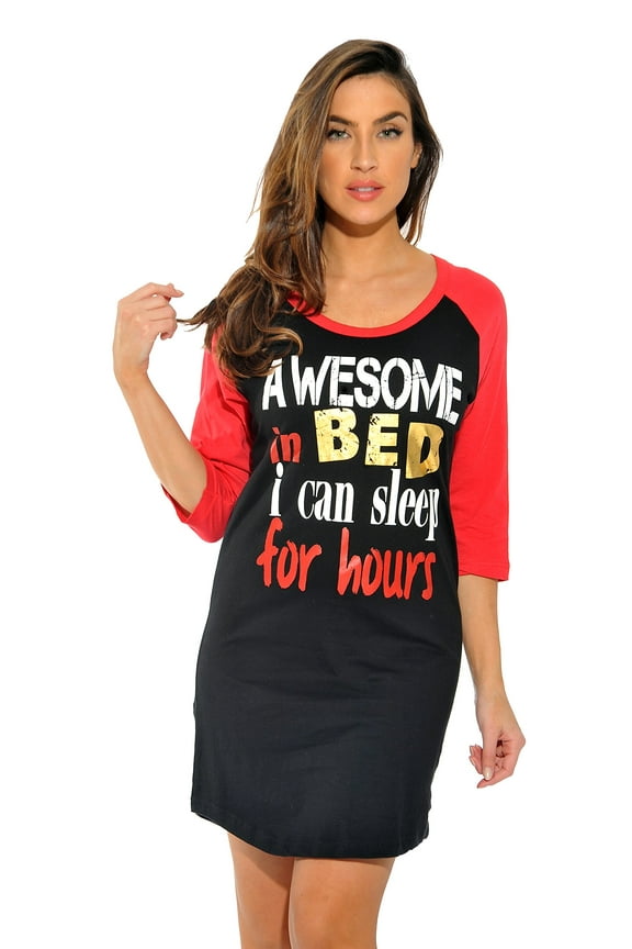 100% Cotton Sleep Dress for Women Baseball Sleeve Nightshirt (Black - Awesome in Bed, Small)