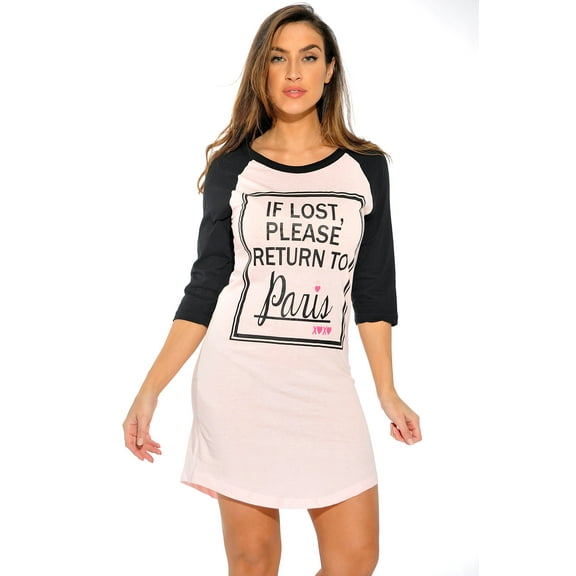 Just Love 100% Cotton Sleep Dress for Women Baseball Sleeve Nightshirt (Pink - Please Return to Paris, Small)