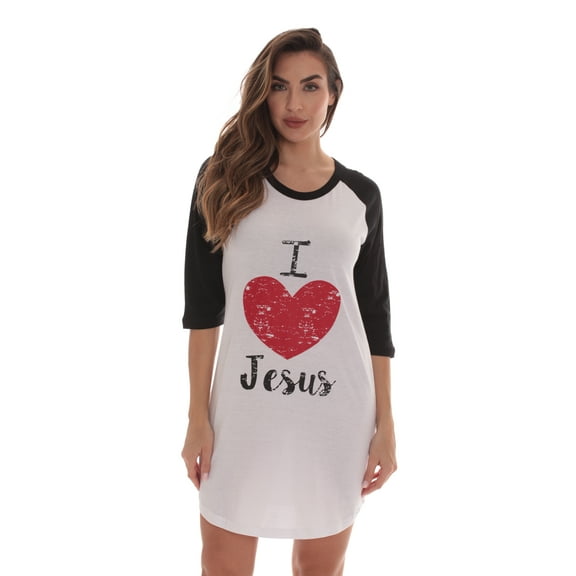 Just Love 100% Cotton Sleep Dress for Women Baseball Sleeve Nightshirt (White - I Love Jesus, Small)