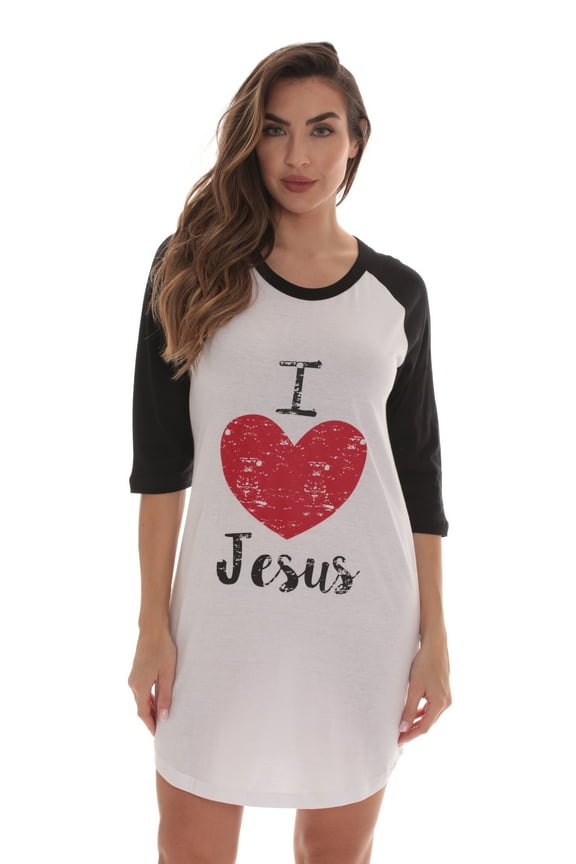 100% Cotton Sleep Dress for Women Baseball Sleeve Nightshirt (White - I Love Jesus, Small)