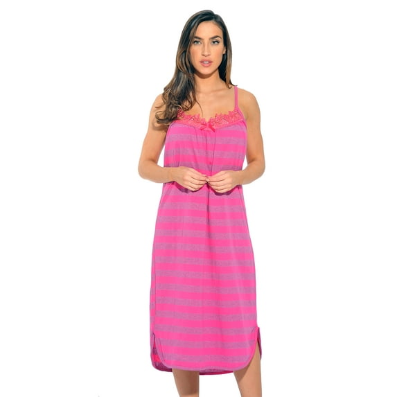 Just Love 100% Cotton Spaghetti Strap Stripe Womens Nightgown with Lace Trim (Fuchsia Stripe, Small)