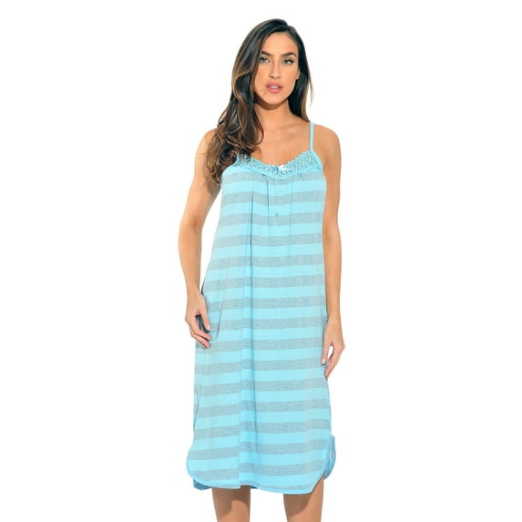 Just Love 100% Cotton Spaghetti Strap Stripe Womens Nightgown with Lace Trim (Light Blue Stripe, Medium)