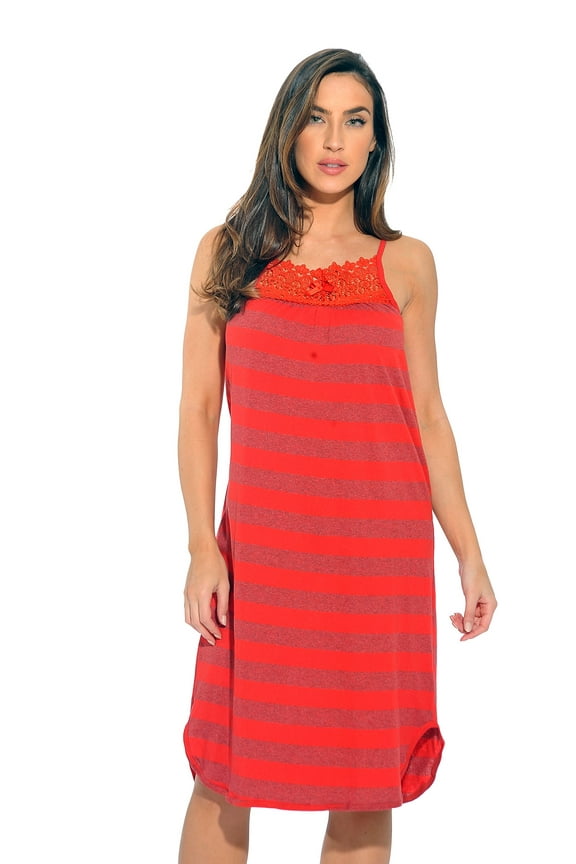 100% Cotton Spaghetti Strap Stripe Womens Nightgown with Lace Trim (Red Stripe, Medium)
