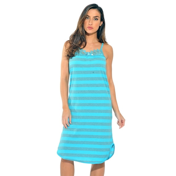 Just Love 100% Cotton Spaghetti Strap Stripe Womens Nightgown with Lace Trim (Turq Stripe, Small)