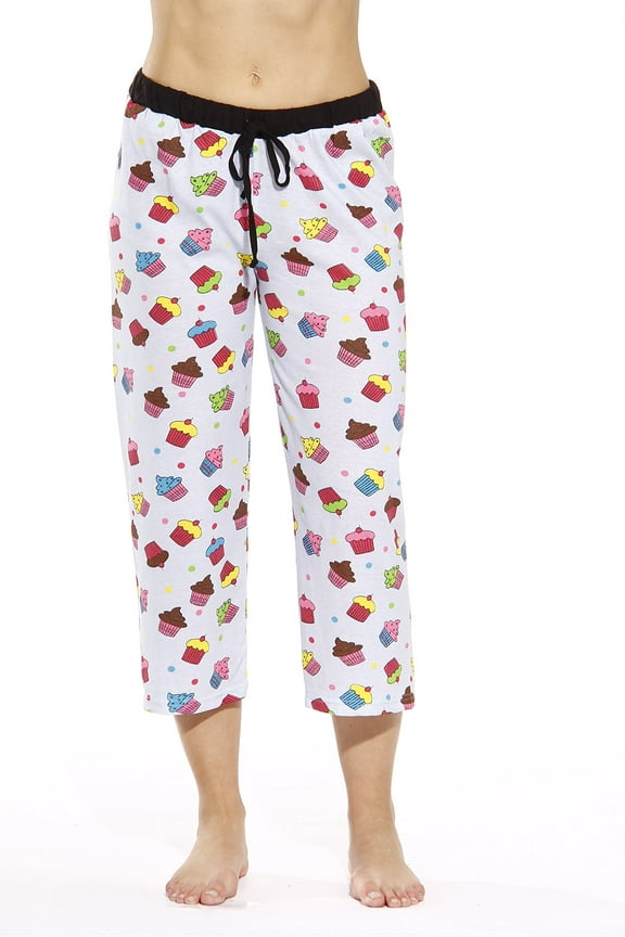 100% Cotton Women Pajama Capri Pants Sleepwear (Cupcake Dots - Grey, Small)