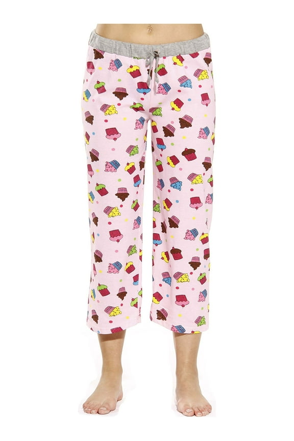 100% Cotton Women Pajama Capri Pants Sleepwear (Cupcake Dots - Pink, Small)
