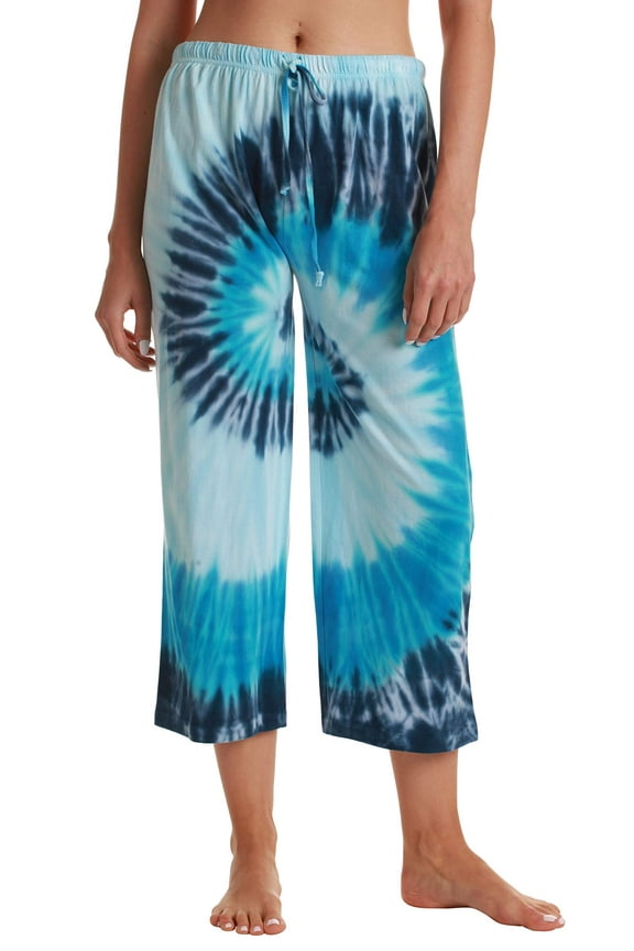 100% Cotton Women Pajama Capri Pants Sleepwear (Tie Dye Blue Swirl, Medium)
