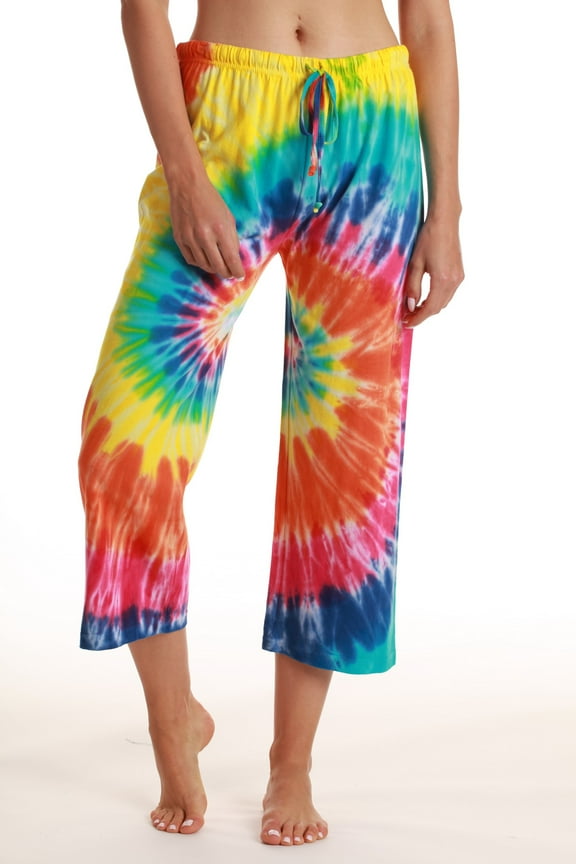 100% Cotton Women Pajama Capri Pants Sleepwear (Tie Dye Bright Swirl, Large)