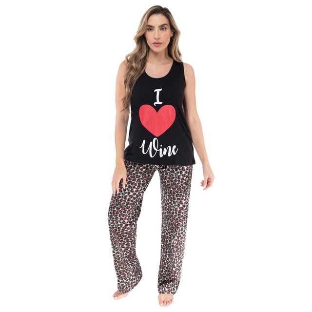 Just Love 100% Cotton Womens Sleepwear Pajama Set Soft & Eco-Friendly (Black - Heart Wine Leopard, Small)