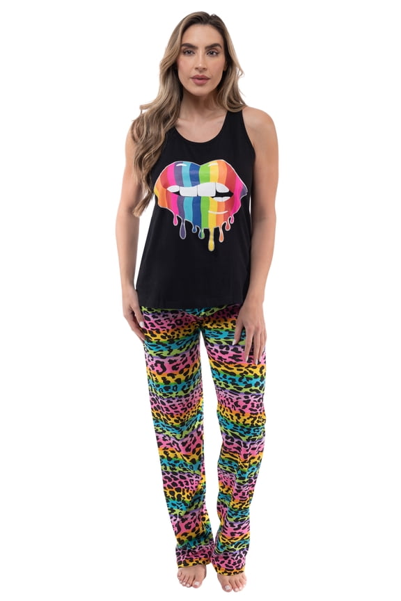 100% Cotton Womens Sleepwear Pajama Set Soft & Eco-Friendly (Black - Rainbow Lips, Medium)