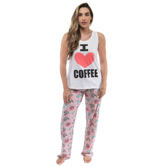 Just Love 100% Cotton Womens Sleepwear Pajama Set Soft & Eco-Friendly (White - Love Coffee, Small)