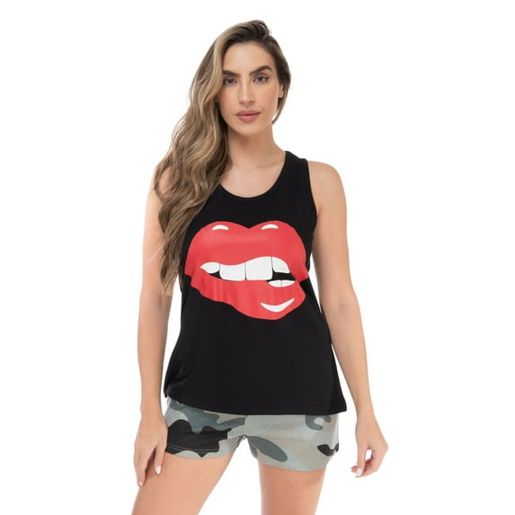 Just Love 100% Cotton Womens Sleepwear Pajama Set Breathable, Natural Comfort (Black - Red Lips, Large)