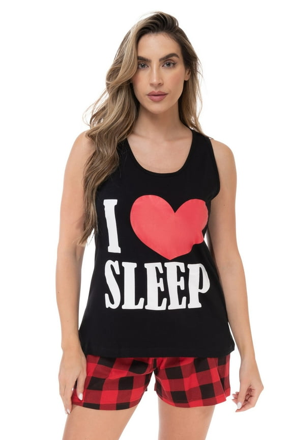 100% Cotton Womens Sleepwear Pajama Set Breathable, Natural Comfort (I Love Sleep - Black, Large)