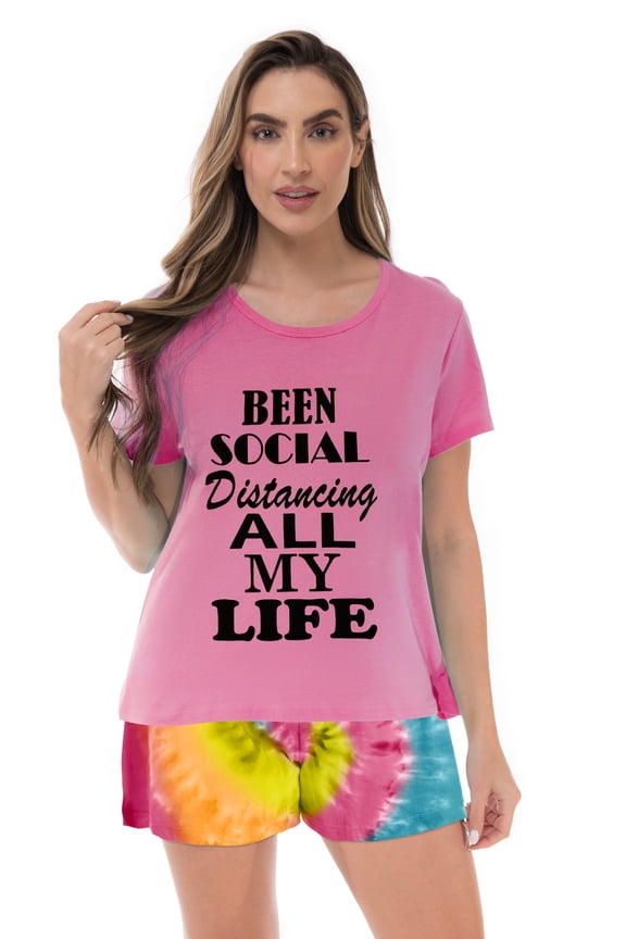 100% Cotton Women Sleepwear Pajama Sets (Pink - Social Distance, 3X)