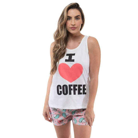 Just Love 100% Cotton Womens Sleepwear Pajama Set  Breathable, Natural Comfort (White - Love Coffee, Large)