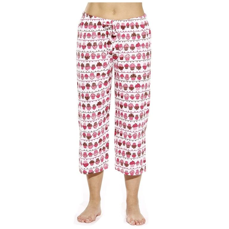 Just Love 100% Cotton Women's Capri Pajama Pants Sleepwear - Comfortable  and Stylish (Cupcake - White, Small)