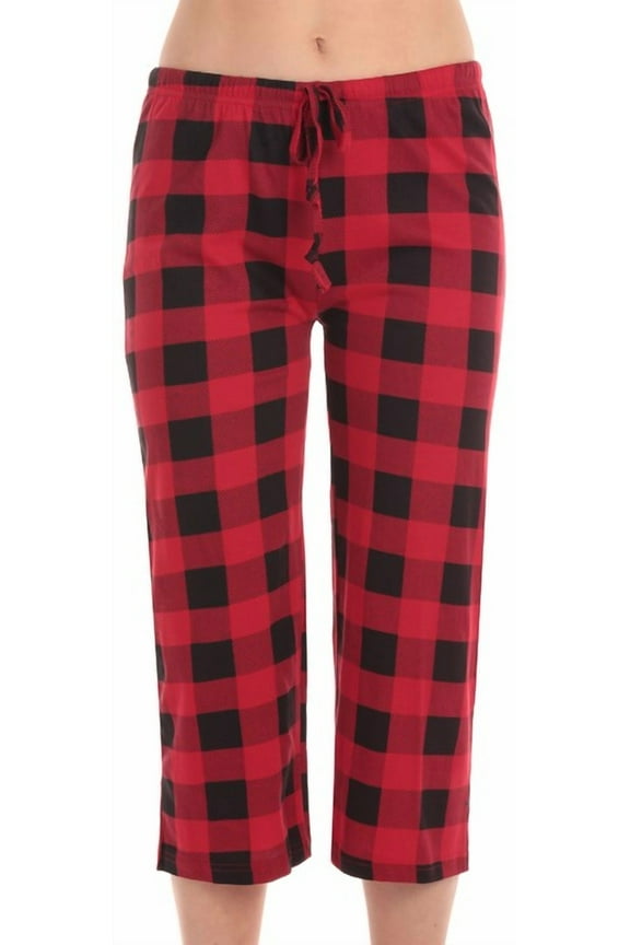 100% Cotton Women's Capri Pajama Pants Sleepwear - Comfortable and Stylish (Red Buffalo Plaid, Large)