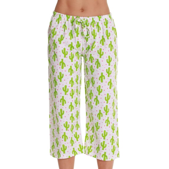 Just Love 100% Cotton Women's Capri Pajama Pants Sleepwear - Comfortable and Stylish (White - Cactus Love, Large)