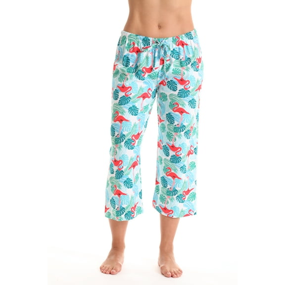 Just Love 100% Cotton Women's Capri Pajama Pants Sleepwear - Comfortable and Stylish (White - Tropical Flamingos, Medium)