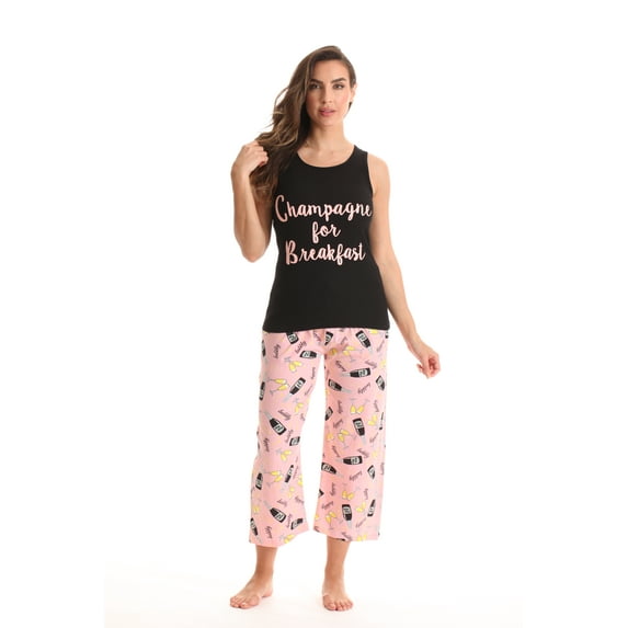 Just Love 100% Cotton Womens Capri Pajama Set Breathable, Comfortable Sleepwear (Black - Champagne for Breakfast, 3X)